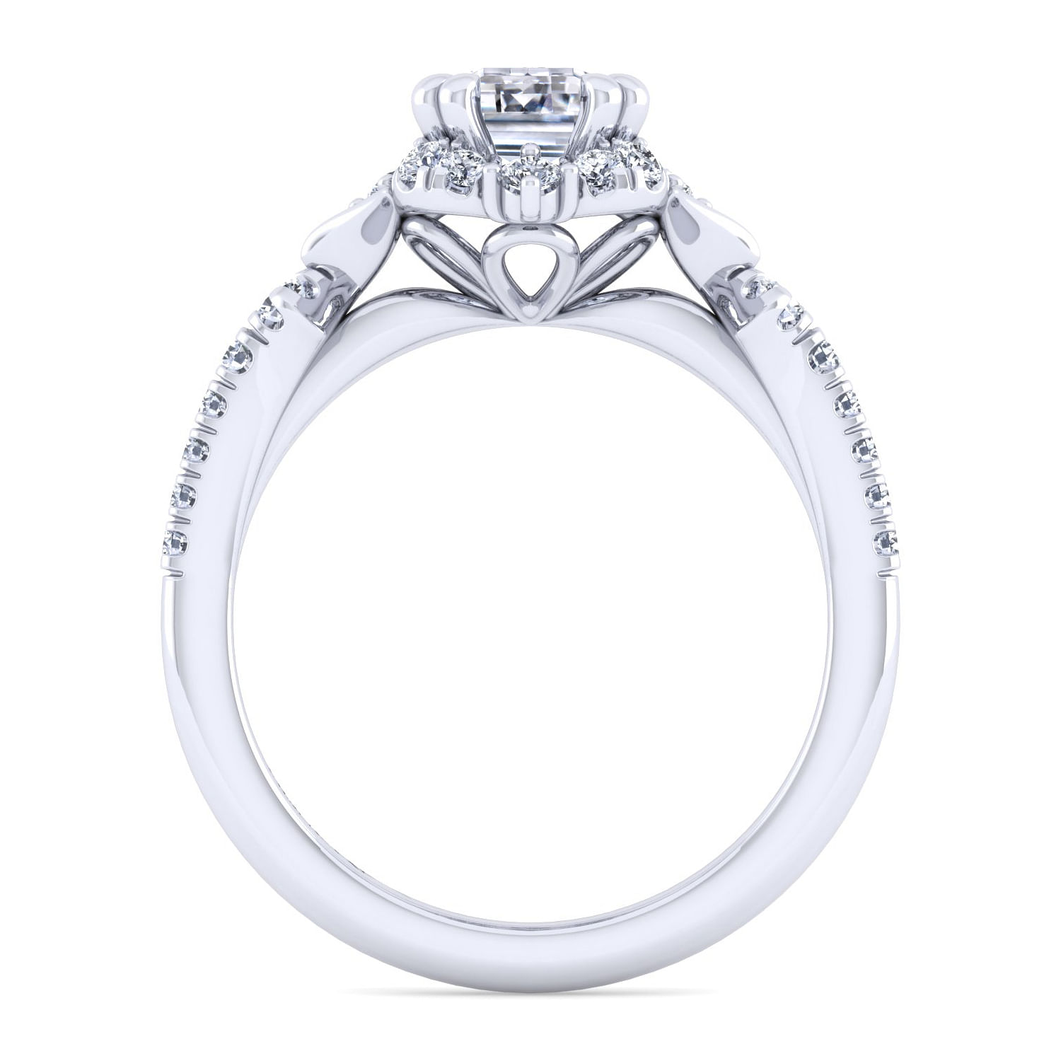 Unique 14K White Gold Vintage Inspired Emerald Cut Halo Diamond Engagement Ring