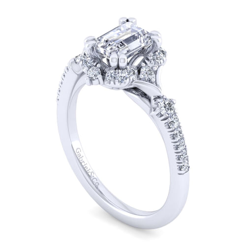 Unique 14K White Gold Vintage Inspired Emerald Cut Halo Diamond Engagement Ring