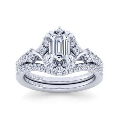 Unique 14K White Gold Vintage Inspired Emerald Cut Halo Diamond Engagement Ring