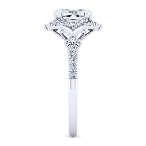 Unique 14K White Gold Vintage Inspired Emerald Cut Halo Diamond Engagement Ring