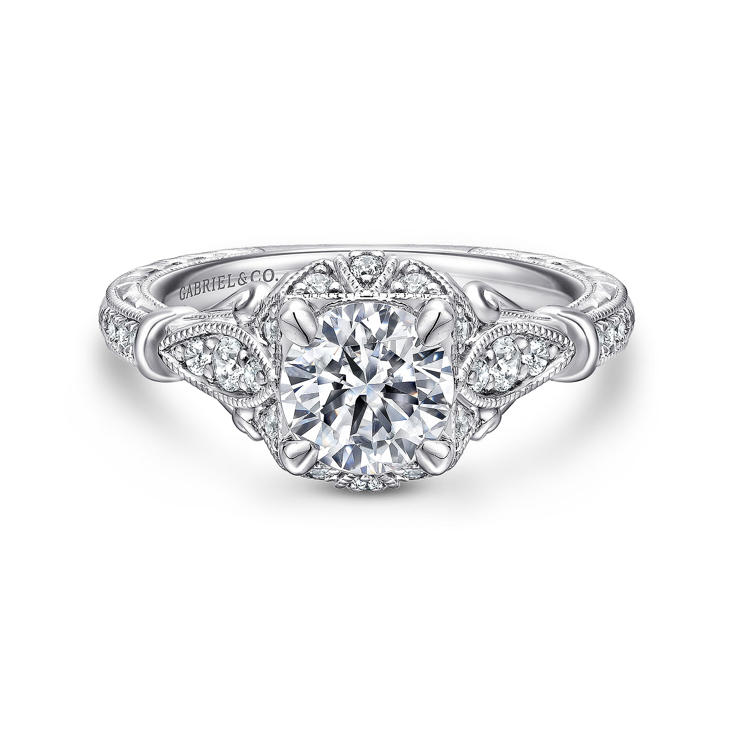 Gabriel - Unique 14K White Gold Vintage Inspired Halo Diamond Engagement Ring