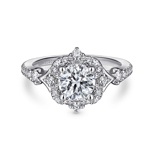 Unique 14K White Gold Vintage Inspired Halo Diamond Engagement Ring