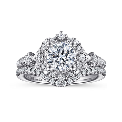 Unique 14K White Gold Vintage Inspired Halo Diamond Engagement Ring