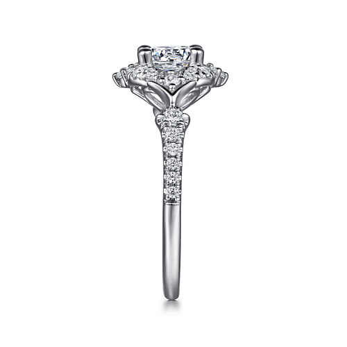 Unique 14K White Gold Vintage Inspired Halo Diamond Engagement Ring