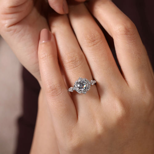 Unique 14K White Gold Vintage Inspired Halo Diamond Engagement Ring