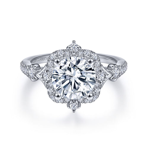 Unique 14K White Gold Vintage Inspired Halo Diamond Engagement Ring