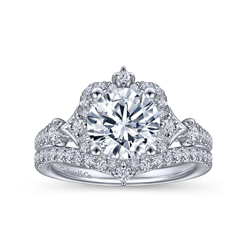 Unique 14K White Gold Vintage Inspired Halo Diamond Engagement Ring