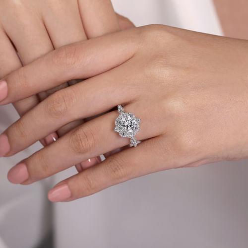 Unique 14K White Gold Vintage Inspired Halo Diamond Engagement Ring