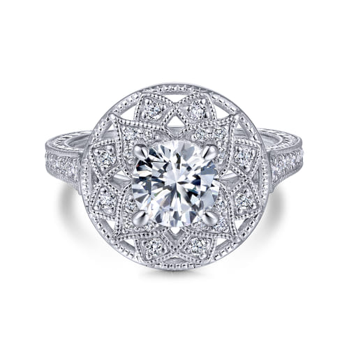 Unique 14K White Gold Vintage Inspired Halo Engagement Ring