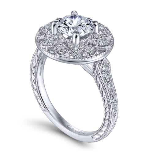 Unique 14K White Gold Vintage Inspired Halo Engagement Ring