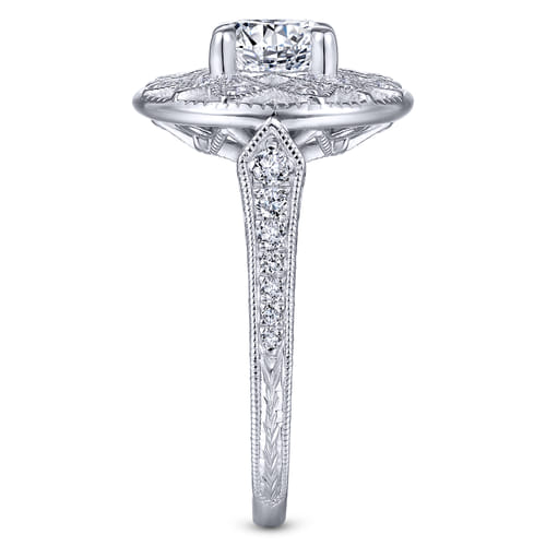 Unique 14K White Gold Vintage Inspired Halo Engagement Ring
