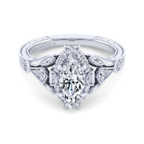 Unique 14K White Gold Vintage Inspired Marquise Shape Diamond Halo Engagement Ring
