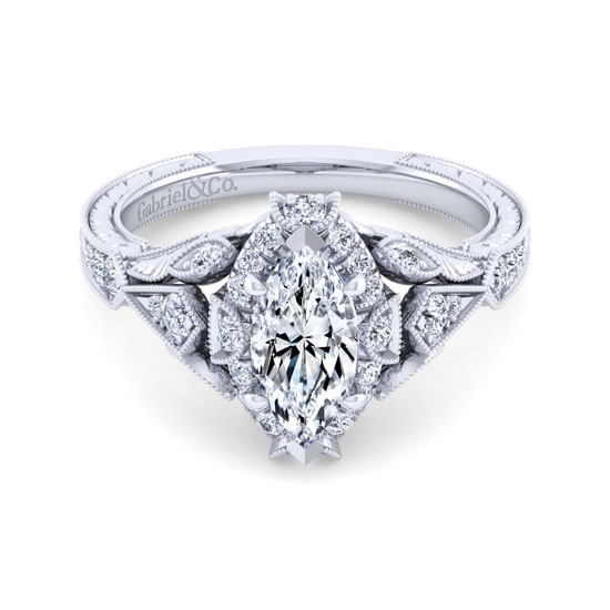 Gabriel - Unique 14K White Gold Vintage Inspired Marquise Shape Diamond Halo Engagement Ring