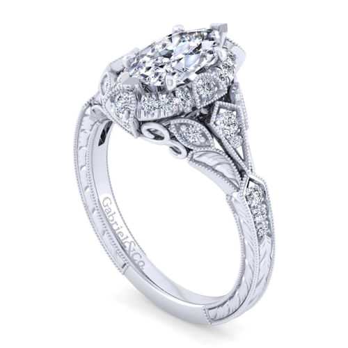 Unique 14K White Gold Vintage Inspired Marquise Shape Diamond Halo Engagement Ring