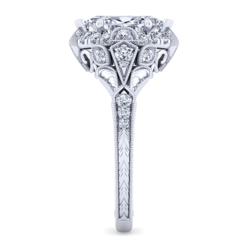 Unique 14K White Gold Vintage Inspired Marquise Shape Diamond Halo Engagement Ring