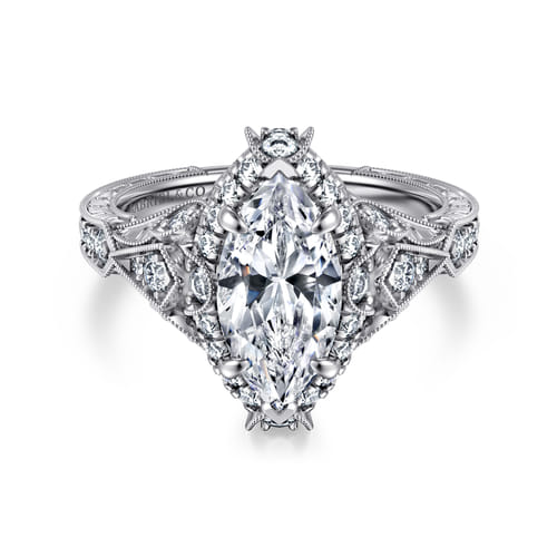 Unique 14K White Gold Vintage Inspired Marquise Shape Diamond Halo Engagement Ring