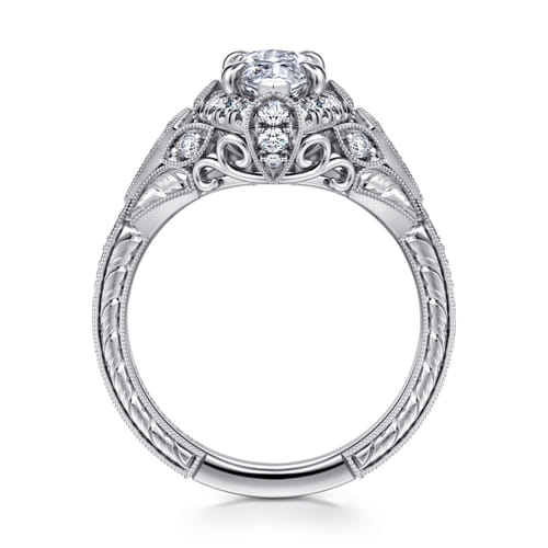 Unique 14K White Gold Vintage Inspired Marquise Shape Diamond Halo Engagement Ring