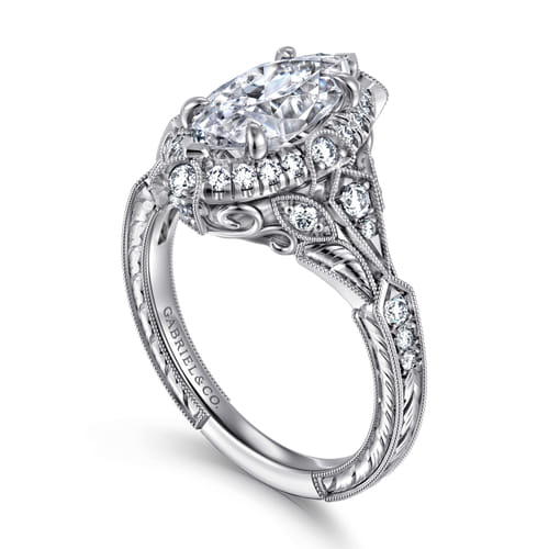 Unique 14K White Gold Vintage Inspired Marquise Shape Diamond Halo Engagement Ring