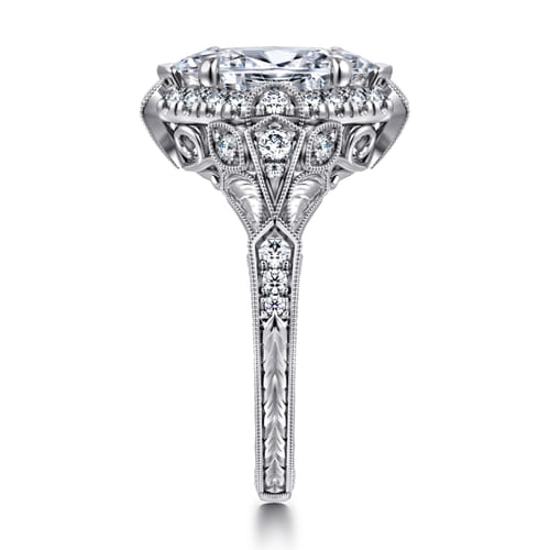 Unique 14K White Gold Vintage Inspired Marquise Shape Diamond Halo Engagement Ring