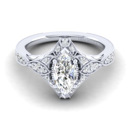 Unique 14K White Gold Vintage Inspired Marquise Shape Diamond Halo Engagement Ring