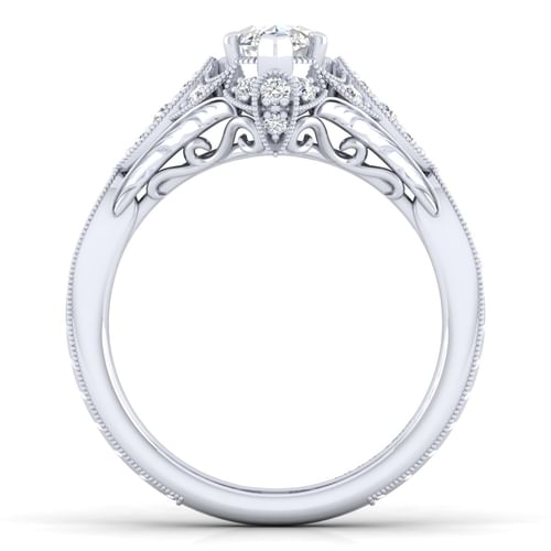 Unique 14K White Gold Vintage Inspired Marquise Shape Diamond Halo Engagement Ring