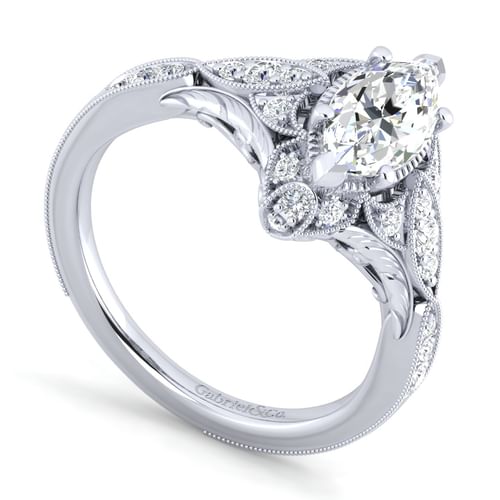 Unique 14K White Gold Vintage Inspired Marquise Shape Diamond Halo Engagement Ring
