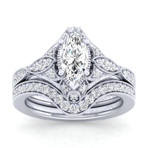 Unique 14K White Gold Vintage Inspired Marquise Shape Diamond Halo Engagement Ring