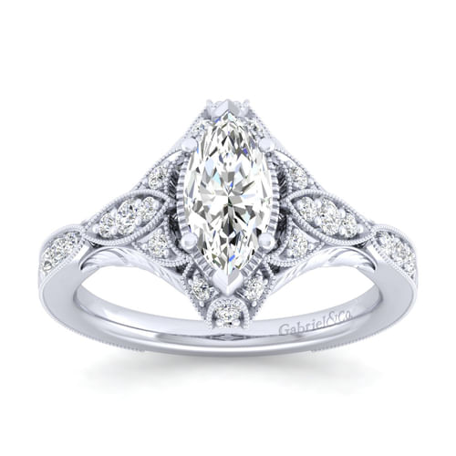Unique 14K White Gold Vintage Inspired Marquise Shape Diamond Halo Engagement Ring