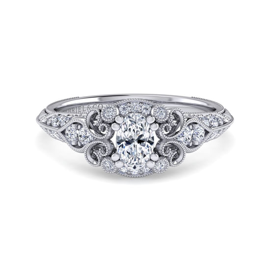 Gabriel - Unique 14K White Gold Vintage Inspired Oval Diamond Halo Engagement Ring