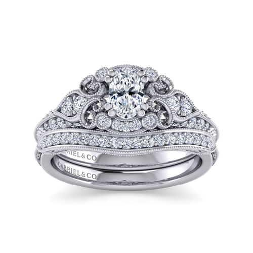 Unique 14K White Gold Vintage Inspired Oval Diamond Halo Engagement Ring