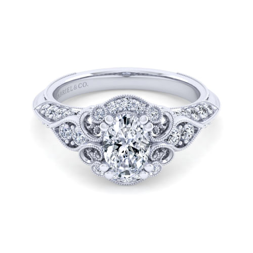 Unique 14K White Gold Vintage Inspired Oval Diamond Halo Engagement Ring