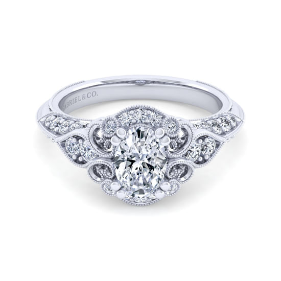 Gabriel - Unique 14K White Gold Vintage Inspired Oval Diamond Halo Engagement Ring