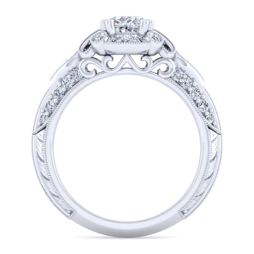 Unique 14K White Gold Vintage Inspired Oval Diamond Halo Engagement Ring