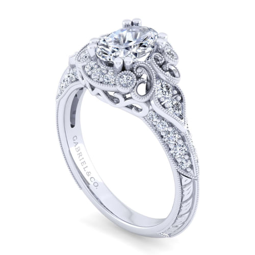 Unique 14K White Gold Vintage Inspired Oval Diamond Halo Engagement Ring