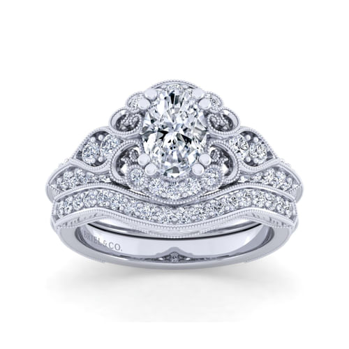 Unique 14K White Gold Vintage Inspired Oval Diamond Halo Engagement Ring