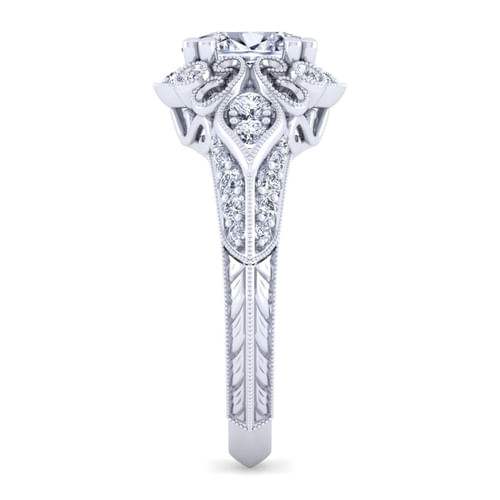 Unique 14K White Gold Vintage Inspired Oval Diamond Halo Engagement Ring