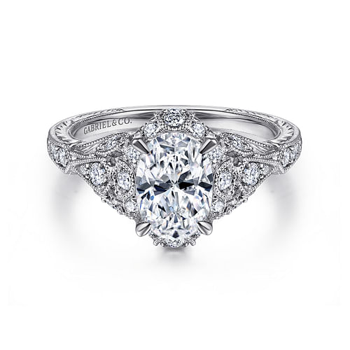 Unique 14K White Gold Vintage Inspired Oval Halo Diamond Engagement Ring