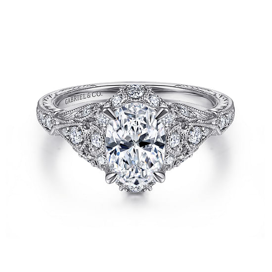 Gabriel - Unique 14K White Gold Vintage Inspired Oval Halo Diamond Engagement Ring