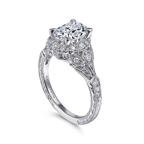Unique 14K White Gold Vintage Inspired Oval Halo Diamond Engagement Ring