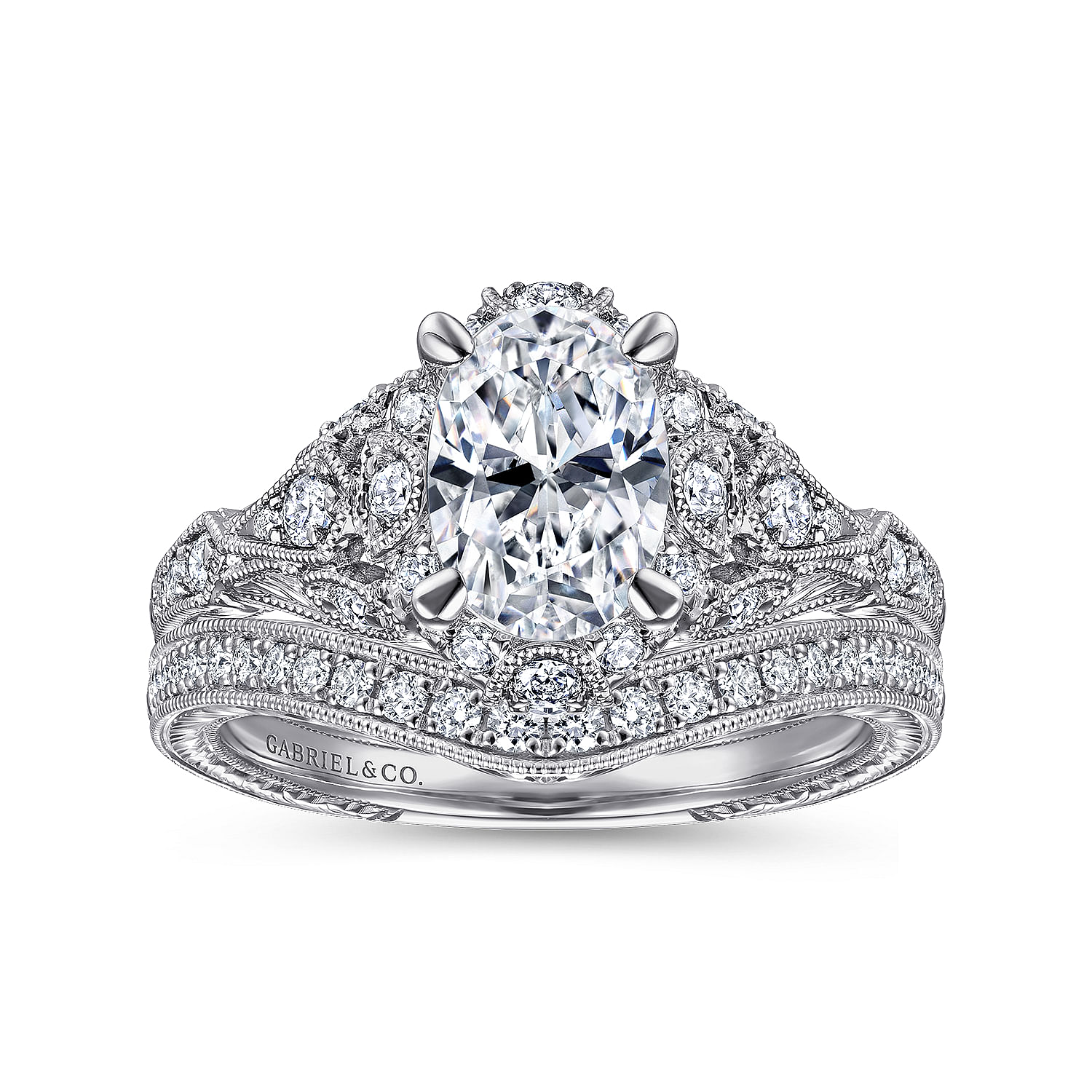 Unique 14K White Gold Vintage Inspired Oval Halo Diamond Engagement Ring