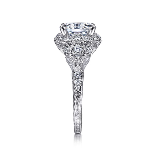 Unique 14K White Gold Vintage Inspired Oval Halo Diamond Engagement Ring