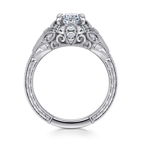 Unique 14K White Gold Vintage Inspired Oval Halo Diamond Engagement Ring