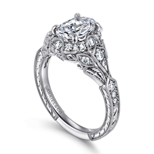 Unique 14K White Gold Vintage Inspired Oval Halo Diamond Engagement Ring