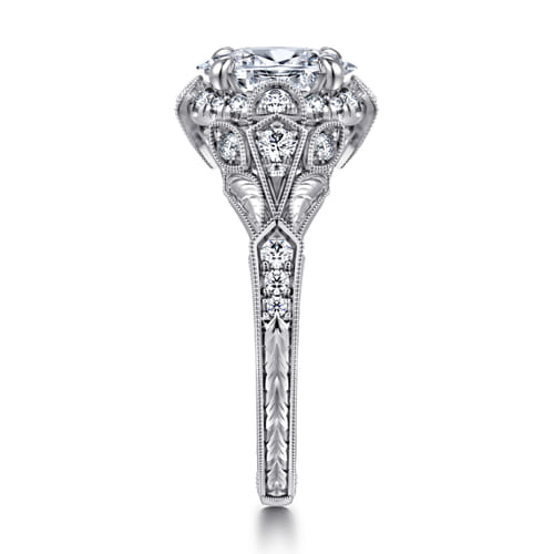 Unique 14K White Gold Vintage Inspired Oval Halo Diamond Engagement Ring