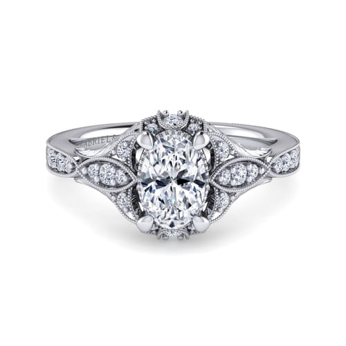 Unique 14K White Gold Vintage Inspired Oval Halo Diamond Engagement Ring