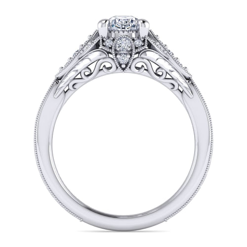 Unique 14K White Gold Vintage Inspired Oval Halo Diamond Engagement Ring