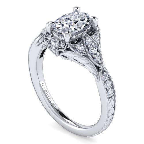 Unique 14K White Gold Vintage Inspired Oval Halo Diamond Engagement Ring