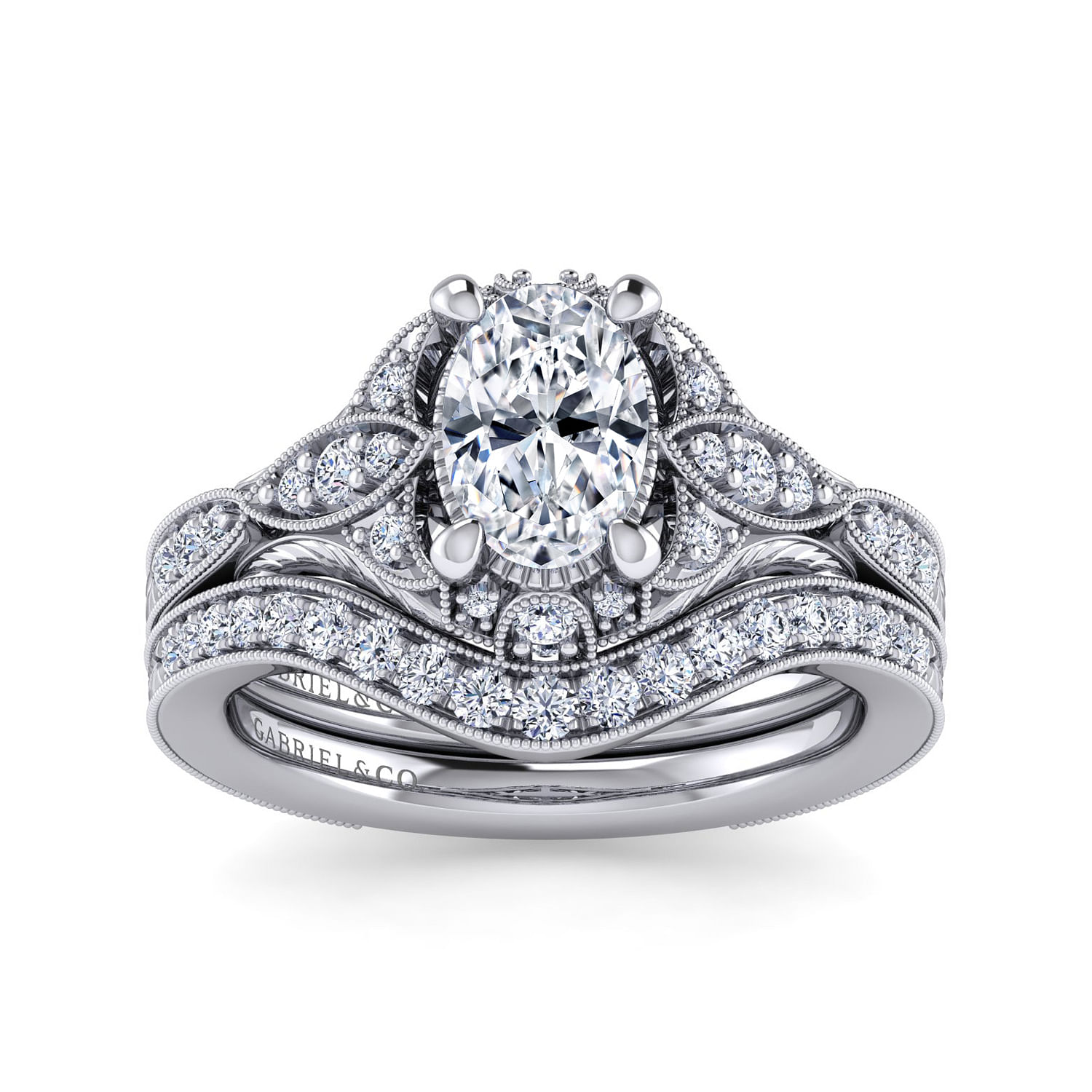 Unique 14K White Gold Vintage Inspired Oval Halo Diamond Engagement Ring