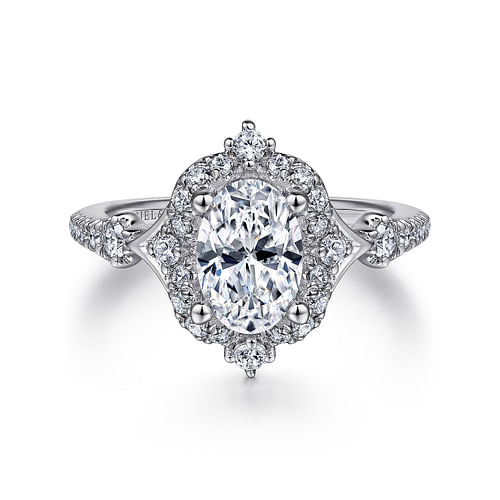 Unique 14K White Gold Vintage Inspired Oval Halo Diamond Engagement Ring
