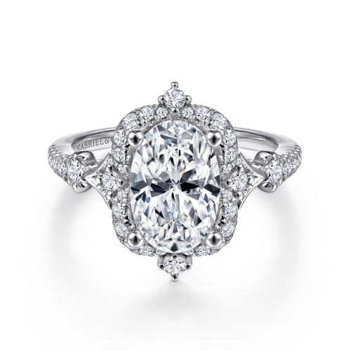 Unique 14K White Gold Vintage Inspired Oval Halo Diamond Engagement Ring